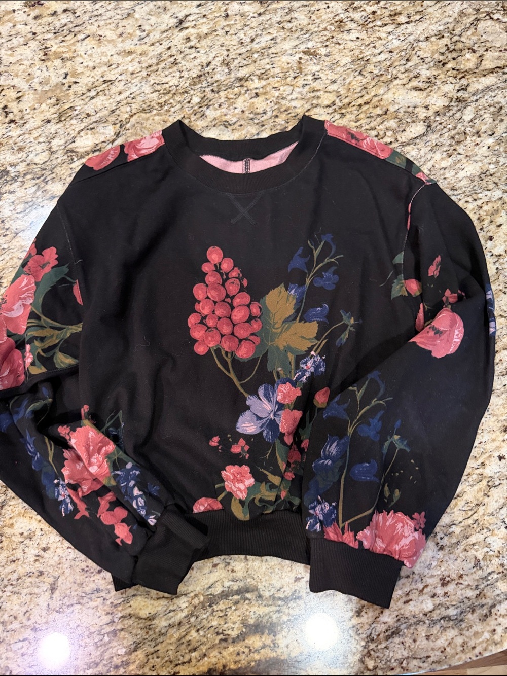 Pilcro Black Crewneck Sweater with Pink and Blue Floral Print